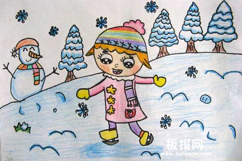 快乐的小女孩堆雪人儿童水彩画