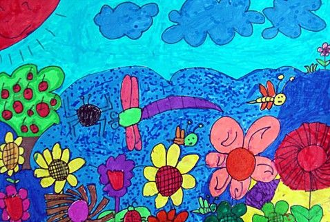 儿童水彩画：午后花园