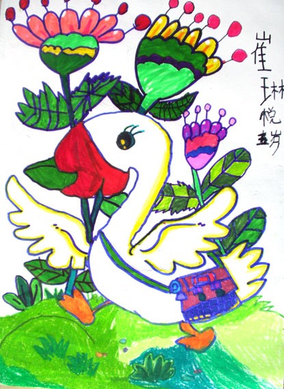 儿童水彩画作品-天鹅去踏春