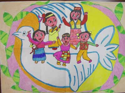儿童水彩画《民族团结,世界和平》
